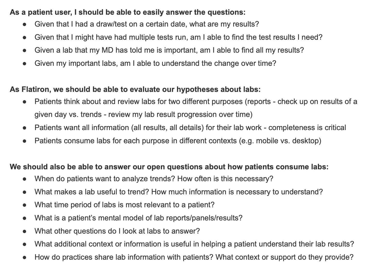 Screenshot showing a list of goals for user testing and research