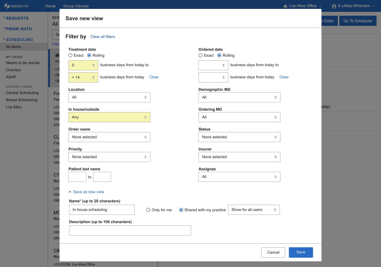 Screenshot showing the improved filtering view that includes view saving inputs