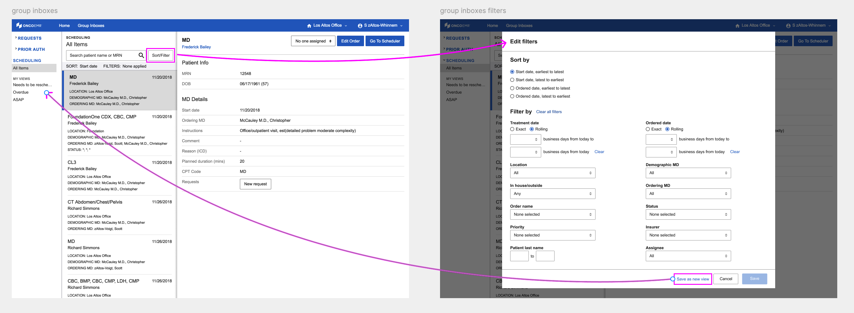 Screenshot of the existing Group Inboxes filter and view system