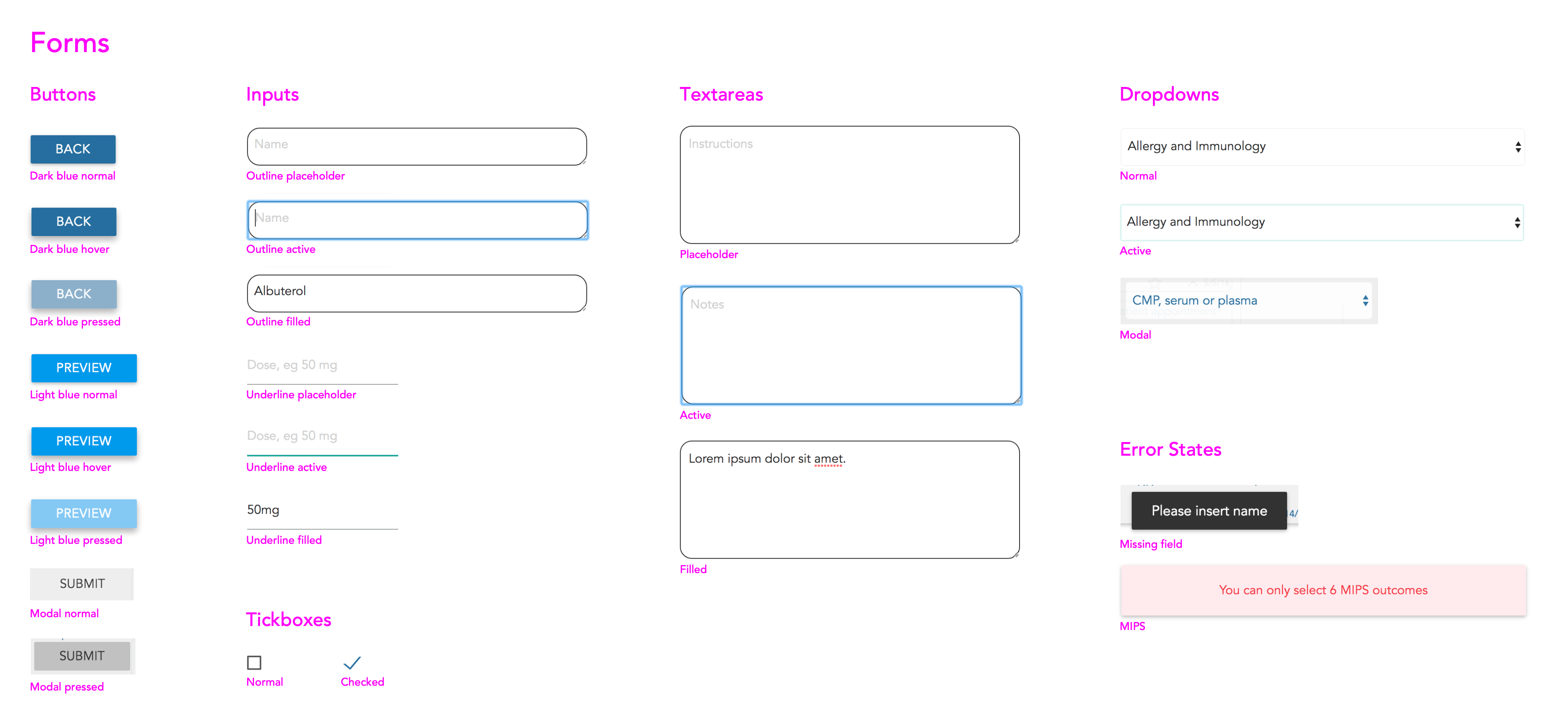An example inventory showing all the form elements currently in the Wellsheet product