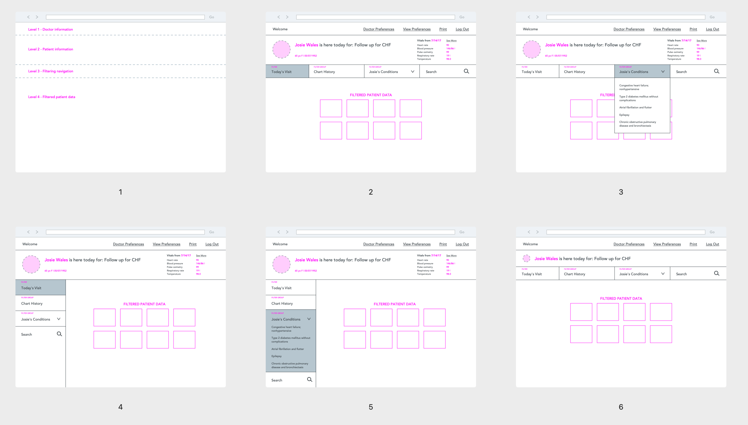 A series of wireframes showing ways to improve navigation